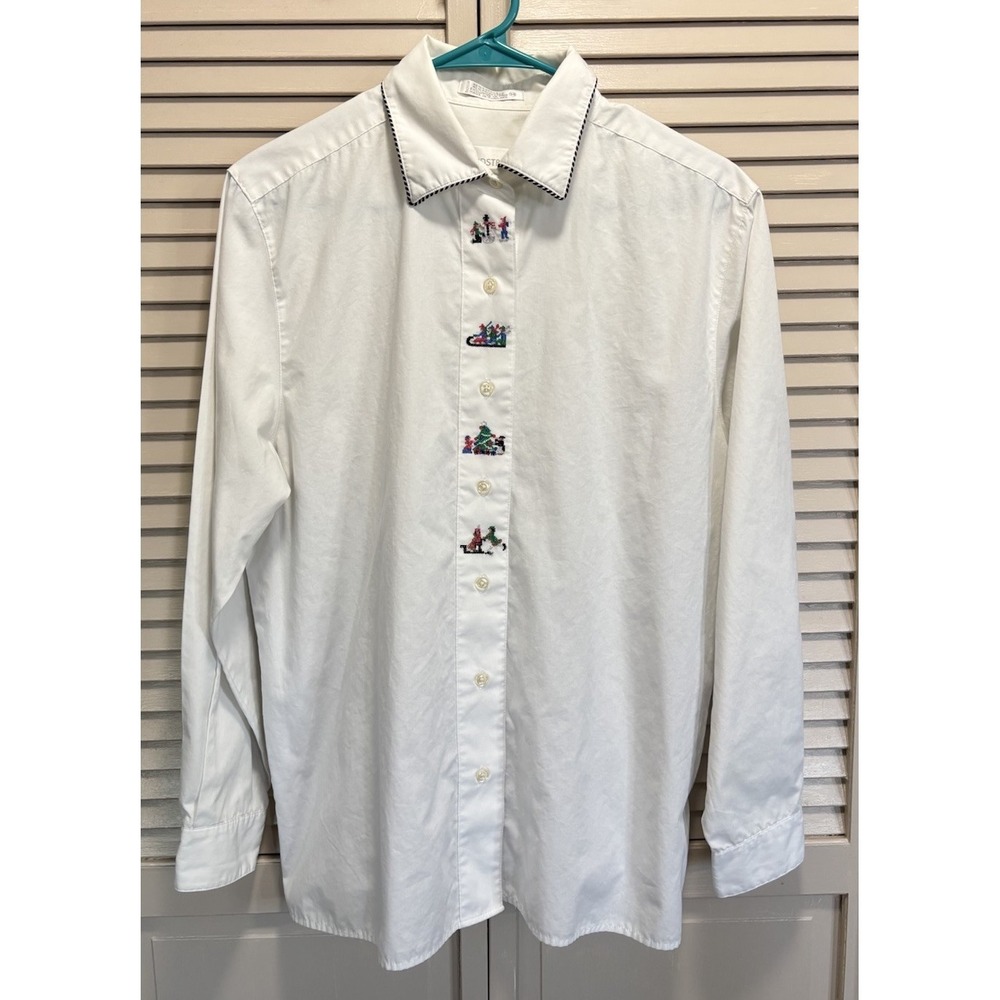 Nordstrom White Button Up Long Sleeve Shirt Pocket Size 14 Embroidered Christmas